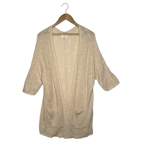 Lou Grey Cardigan Sweater Womens M Open Knit Pockets Long Line Duster Ivory - Picture 1 of 11